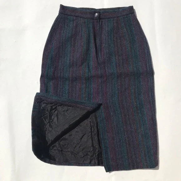Vintage 70s Women’s Pencil Skirt Striped Teal Wool